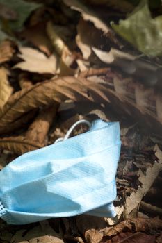 Used surgical mask lying on dry leaves in the field. Pollution in nature