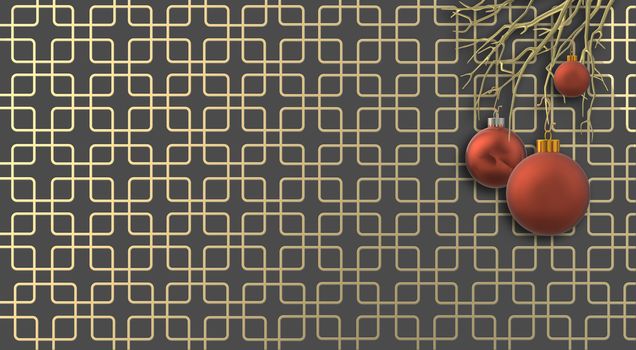 Luxury Christmas background. Realistic Red baubles balls over art deco shiny abstract background. Place for text, copy space, mock. 3D render