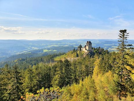 Landscape panoramic view of Kasperk castle in Sumava National Park.