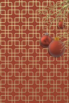 Christmas background in red orange gold. Shiny frosty realistic balls baubles over art deco red orange gold abstract background. Place for text. Invitation, Vertical banner, header. 3D illustration