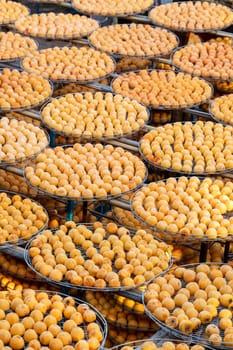 Making process of sun exposuring drying peeled dried persimmon in a sieve, autumn preserved food concept.