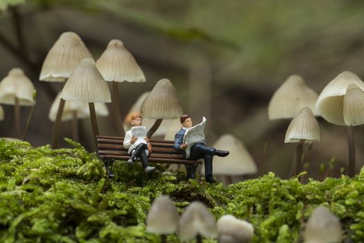 small figures reading the newspaper and resting under the fungus mycena arcangeliana in the forest in holland