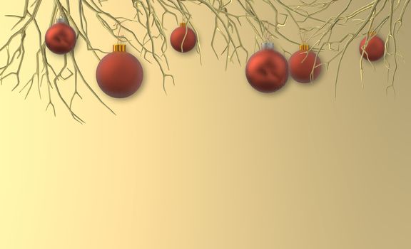 Christmas design. Realistic red Christmas balls baubles over gold background. Place for text. Invitation, header, 3D illustration