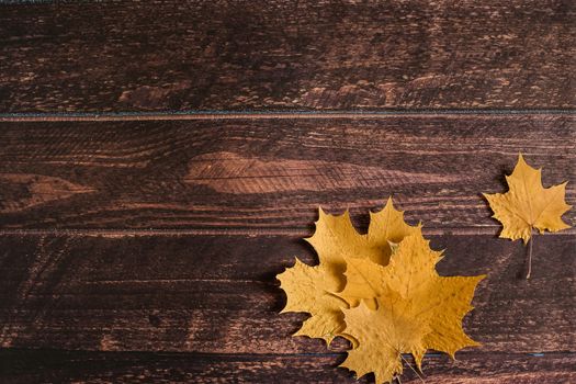 yellow autumn maple leaves lie on a brown wooden background, autumn background, September, October, November, dry autumn leaves, leaf fall, copyspace, flatlay, top view, overhead.