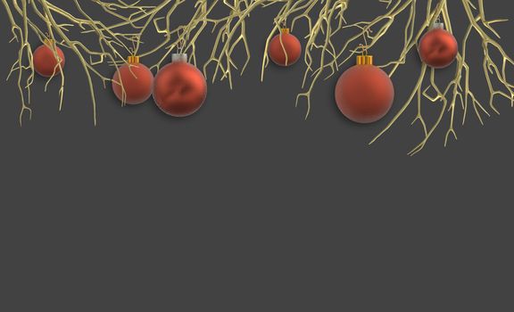 Christmas background with realistic shiny red balls baubles hanging on gold branches on dark background. Place for text. 3D illustration