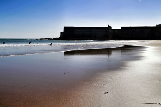 Beautiful beach called Praia da Torre in Lisbon, Portugal, in a sunny day of Spring