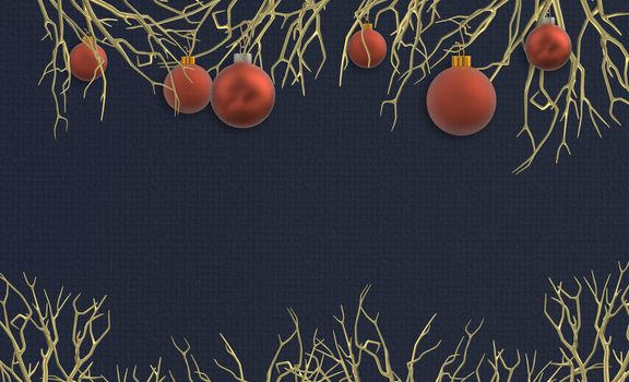 Christmas background with realistic frosted red balls baubles hanging on gold branches over dark blue background. 3D illustration, Place for text, invitaiton, festive card