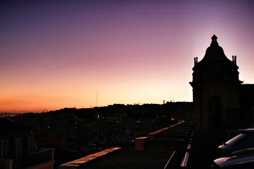 Beautiful sunset on a roof in Lisbon in winter