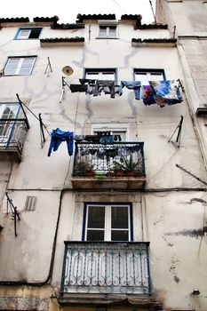 Old and typical facade in the street of Lisbon