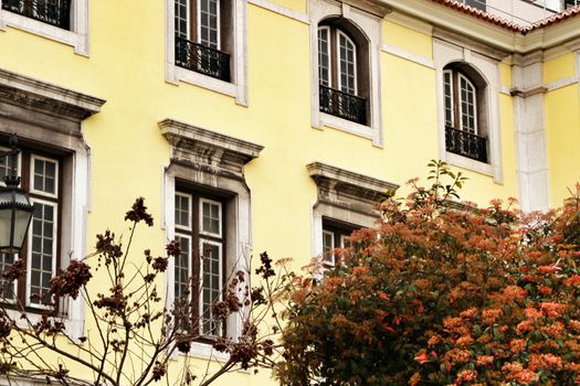 Narrow and colorful streets, majestic facades, windows and balconies of Lisbon, Portugal