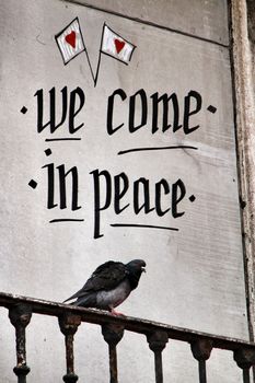 Pigeon perched on a balcony with peace message in Lisbon