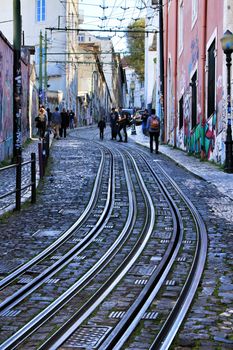 Elevator da Gloria rails in Lisbon in spring