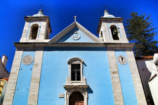 Beautiful facade of Nossa Senhora do Bom Sucesso church in Cacilhas, Lisbon, in a sunny day of Spring