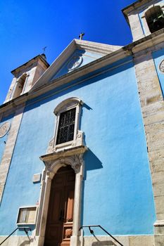 Beautiful facade of Nossa Senhora do Bom Sucesso church in Cacilhas, Lisbon, in a sunny day of Spring