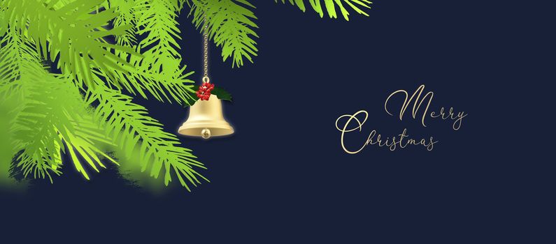 Merry Christmas background. Christmas fir, hanging gold Xmas bell over dark blue background. Gold text Merry Christmas. 3D illustration
