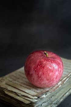 Still life: a ripe red Apple on an old book on a dark background. Side view, copy space