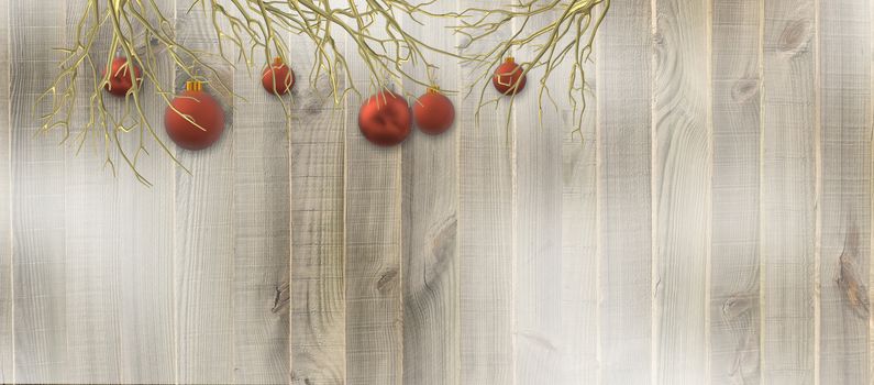 Christmas background over wood. Horizontal design with realistic balls baubles hanging on gold branches over wooden background. 3D illustration. Place for text, copy space.