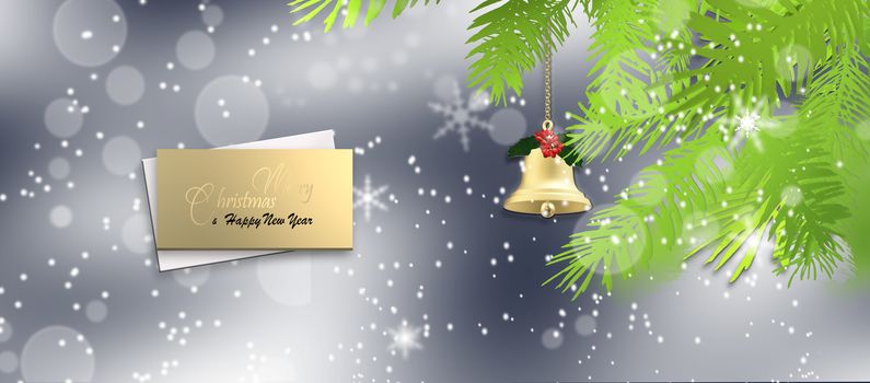 Merry Christmas background. Christmas fir, hanging gold Xmas bell over dark blue background with snow and bokeh. Gold text Merry Christmas. 3D illustration