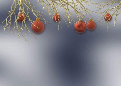 Christmas background with realistic frosted red balls baubles hanging on gold branches over dark blue background with snow. 3D illustration, Place for text, invitaiton, festive card