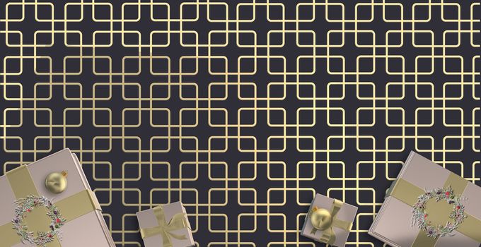 Elegant Christmas design in pink gold colour with Xmas gift boxes decorated by floral wreath, balls on art deco gold black. Copy space, place for text, mock. 3D illustration