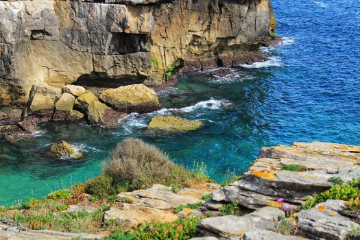 Views of the wild Atlantic Ocean with beautiful cliffs and beaches in Peniche, Portugal