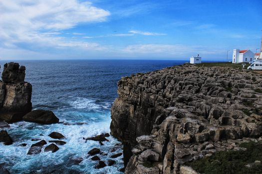 Views of the wild Atlantic Ocean with beautiful cliffs and beaches in Peniche, Portugal