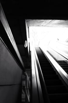Escalators at the Orient Station in Lisbon, Portugal. Monochrome photography.