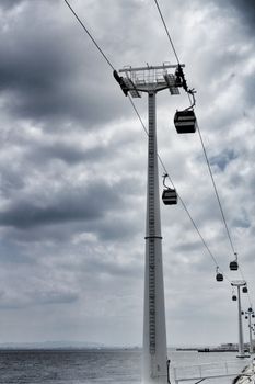 Cable car under cloudy sky in the Park of Nations in Lisbon, Portugal