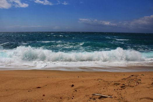 Crystal clear and wild waters in Praia da Foz, Sesimbra, Portugal. Golden sand , seagulls flying, Cliffs and rock formation