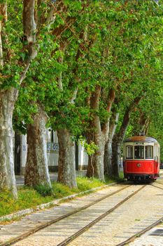 Colorful red tram through the streets of Sintra, Lisbon in Spring.