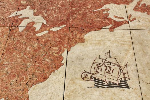 Lisbon, Portugal- May 30, 2018: Galleon arriving America engraved on the floor of the monument of the discoveries in Lisbon