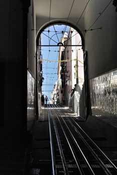 Bica elevator rails in Lisbon, Portugal