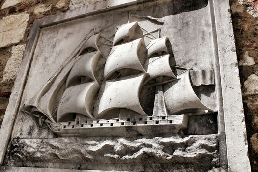 Arcades, pillars windows and details of Do Carmo convent in Lisbon, Portugal