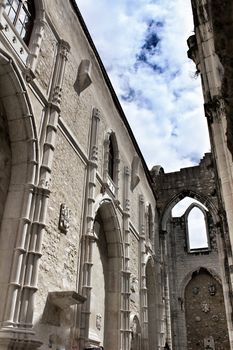 Arcades, pillars windows and details of Do Carmo convent in Lisbon, Portugal