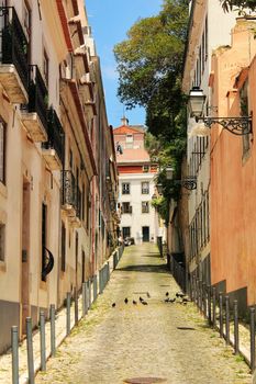 Old colorful houses and streets of Lisbon, Portugal in Spring. Majestic facades and old street lights.