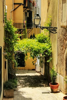 Old colorful houses and streets of Lisbon, Portugal in Spring. Majestic facades and old street lights.