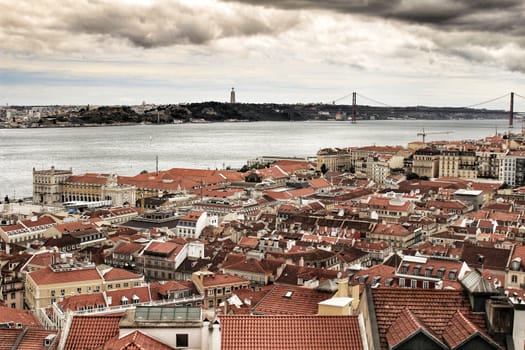 Panoramic of Lisbon city from the Castle of San Jorge on a cloudy day in Spring