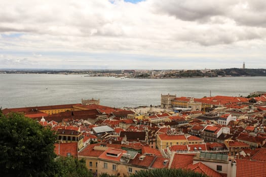 Panoramic of Lisbon city from the Castle of San Jorge on a cloudy day in Spring