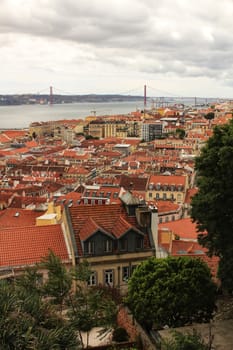 Panoramic of Lisbon city from the Castle of San Jorge on a cloudy day in Spring