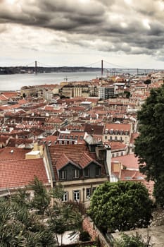 Panoramic of Lisbon city from the Castle of San Jorge on a cloudy day in Spring