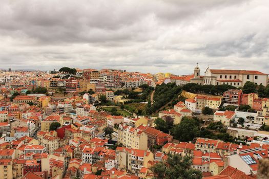 Panoramic of Lisbon city from the Castle of San Jorge on a cloudy day in Spring