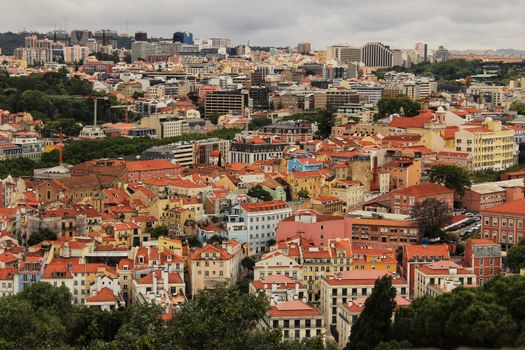 Panoramic of Lisbon city from the Castle of San Jorge on a cloudy day in Spring