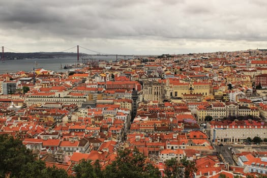 Panoramic of Lisbon city from the Castle of San Jorge on a cloudy day in Spring