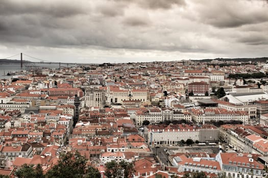 Panoramic of Lisbon city from the Castle of San Jorge on a cloudy day in Spring