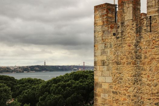 Panoramic of the Tagus River and vegetation from the Castle of San Jorge on a cloudy day in Spring