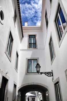 Old colorful houses and narrow streets of Lisbon, Portugal in Spring. Majestic facades and old street lights.