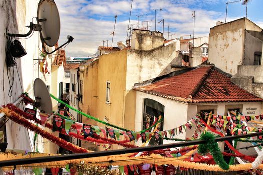 Lisbon, Portugal- June 3, 2018: Streets adorned with garlands for the festivities of Saint Anthony in the Alfama neighborhood in Lisbon