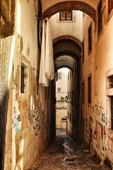 Old colorful houses and streets of Lisbon, Portugal in Spring. Majestic facades and old street lights.