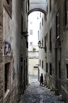 Old colorful houses and streets of Lisbon, Portugal in Spring. Majestic facades and old street lights.