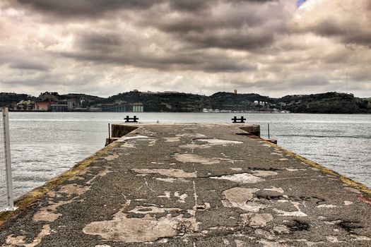 Dock on the shore of The Tagus River in Spring in Lisbon